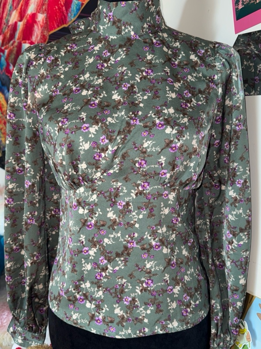 Astr Puff sleeve Olive Green Floral High-Neck Long-Sleeve Blouse